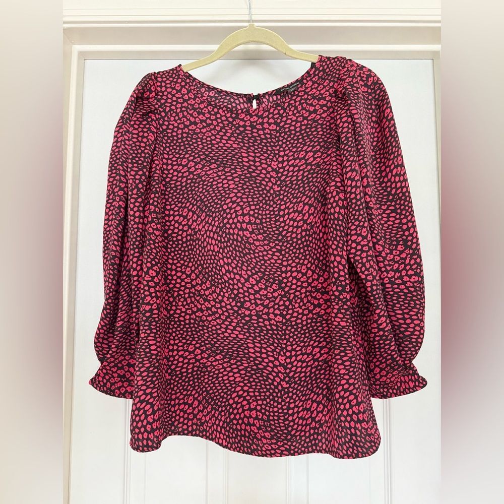 Banana Republic Womens Red Black Print Puffy Sleeve Blouse Sz S EUC